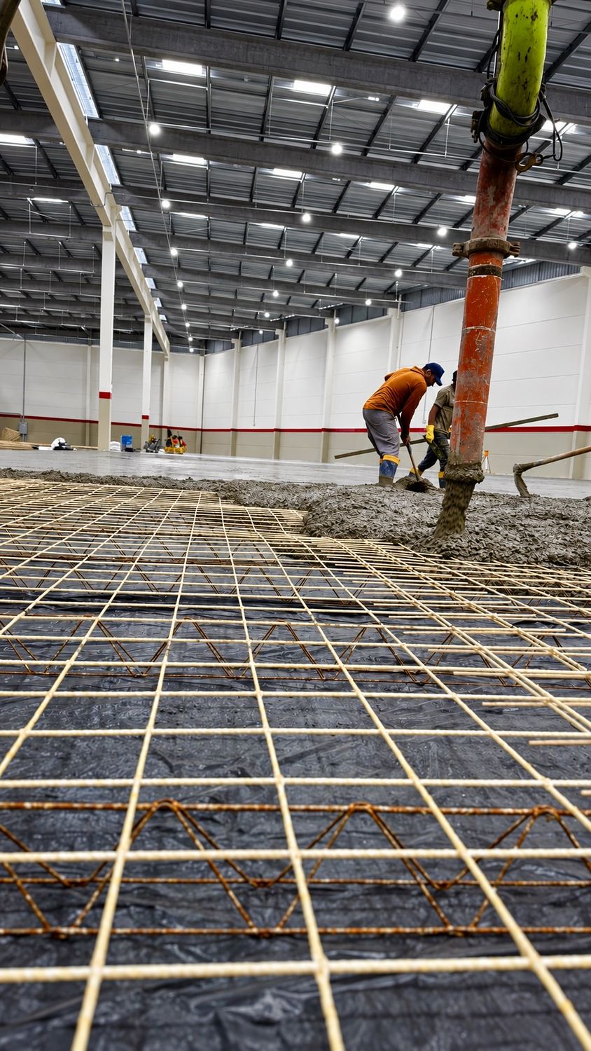 Tela GFRP BRAFIB instalada em piso de obra antes da concretagem