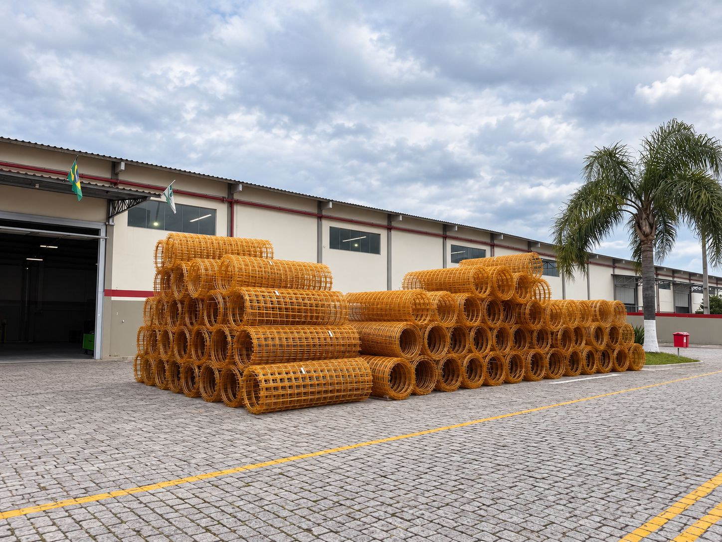 Rolos de tela GFRP BRAFIB armazenados na fábrica